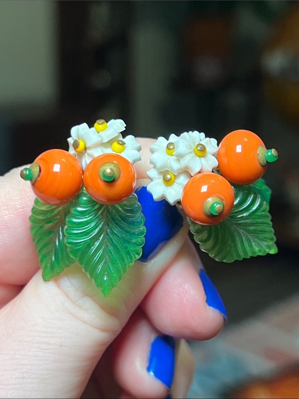 VTG Fruit Salad Orange Blossom Tutti Fruitti Molded Lucite Screwback Earrings